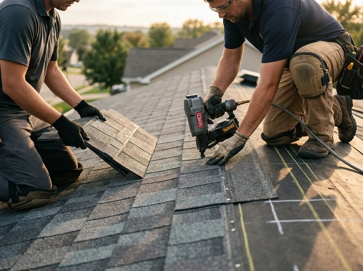 Professional roofer working on a residential roof in Sturbridge